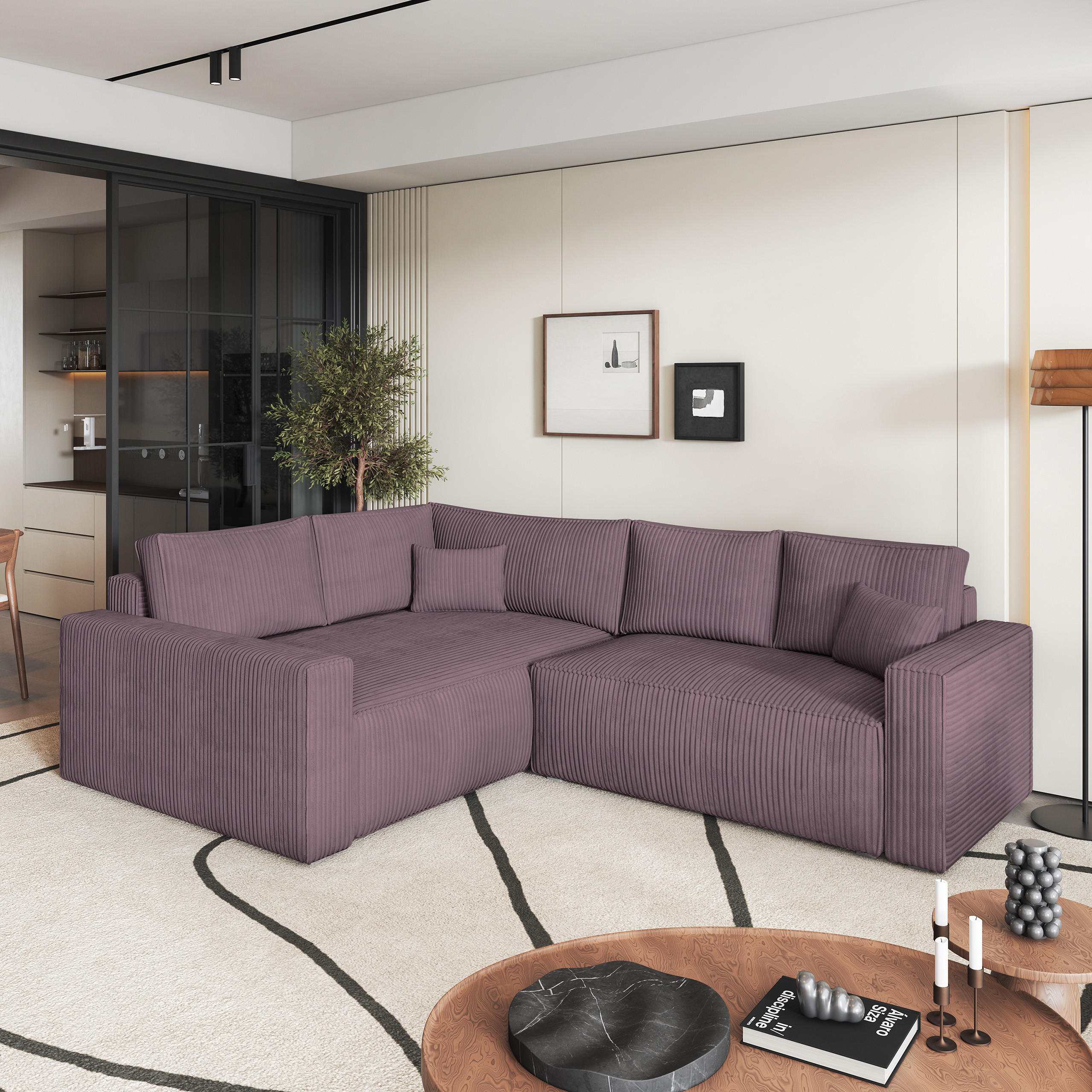 ECKSOFA ERONIS L-S Lila Kordstoff mit Schlaffunktion - Lila, Holz (265/194cm) - MASSENO