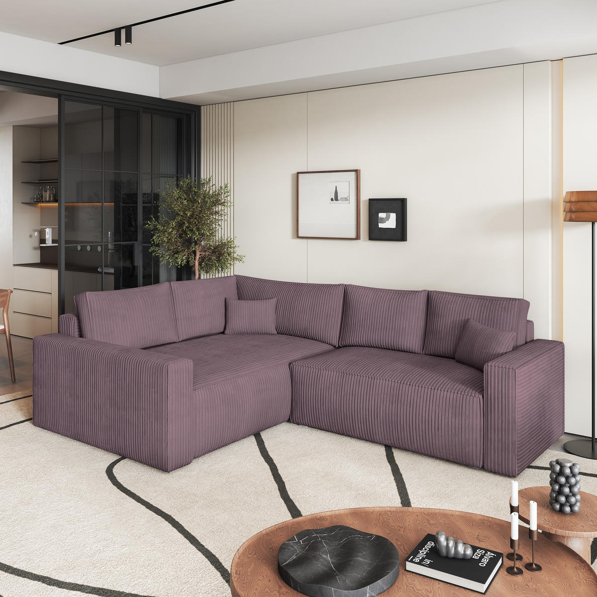 ECKSOFA ERONIS L-S Lila Kordstoff mit Schlaffunktion - Lila, Holz (265/194cm) - MASSENO