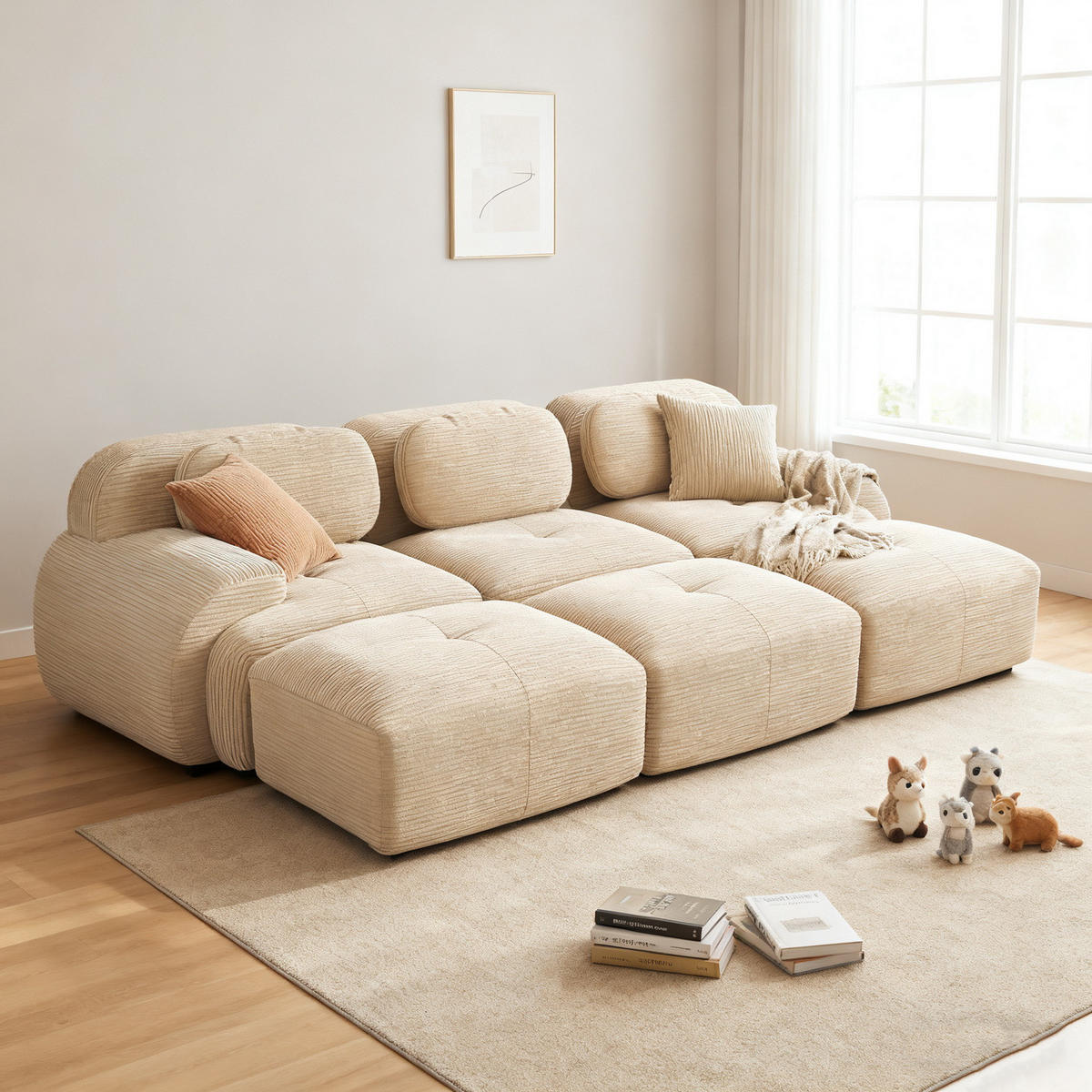 SOFA Modulares 3-Sitzer, rutschfeste Unterseite, Cord, Beige - Beige, Textil (178/70/298cm) - Meubles Cosy