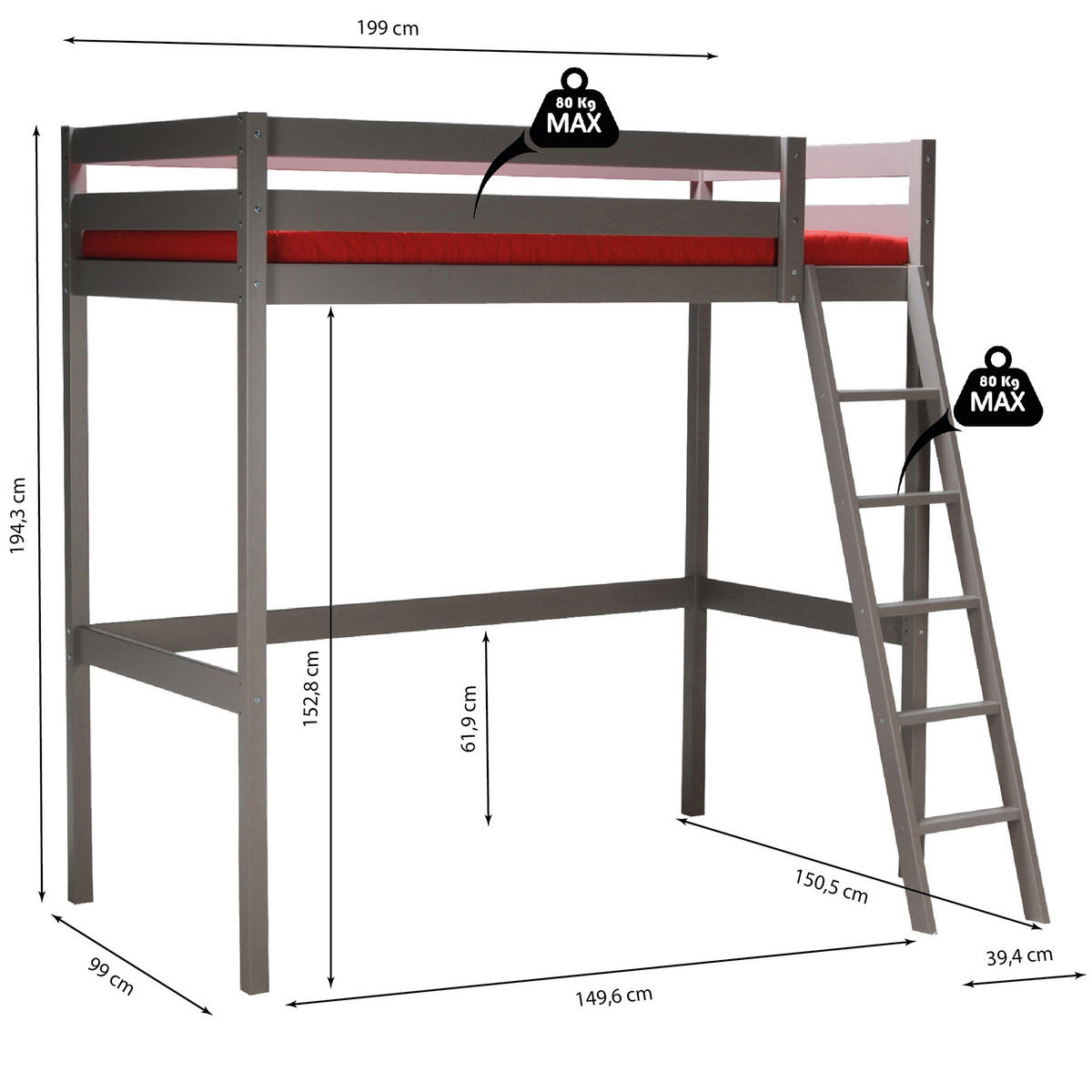 HOCHBETT STUDIO mit Lattenrost/ Hochbett 90x190 - Grau - Grau, Holz (90/190cm) - Weber Industries