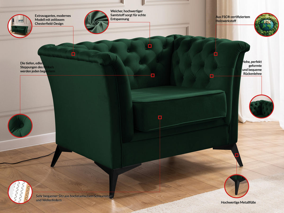 CHESTERFIELD-SESSEL Whitby Flaschengrün Samt mit schwarzen Füßen - Dunkelgrün/Schwarz, Holz/Textil (116/78/82cm) - S-Style Möbel