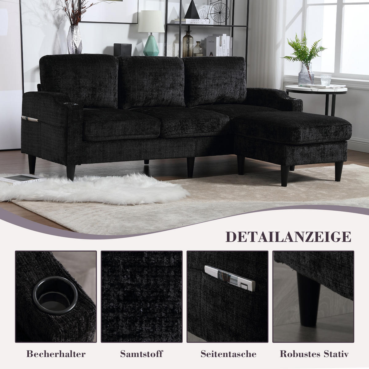ECKSOFA 163/121/66 cm Schwarz mit 1 Aufbewahrungshocker, Aufbewahrungstasche und Getränkehalter - Schwarz, Textil (196.5/75cm) - Oxeza