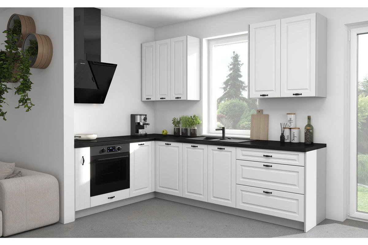 WINKELKÜCHE Elbing weiß matt / grau matt 9-teilig mit Teilauszug (Blum Metabox) - Weiß/Grau, Holzwerkstoff/Metall (284/228/183cm) - Feldmann-Wohnen