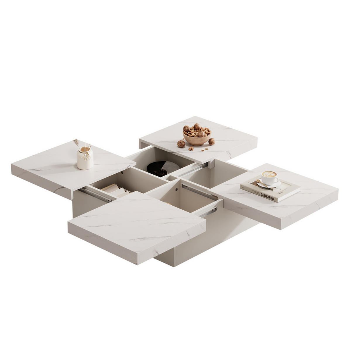 COUCHTISCH Moderner quadratischer mit Marmoroptik und Schubladen - Weiß, Holz (80.01/57.48/25cm) - FLIEKS