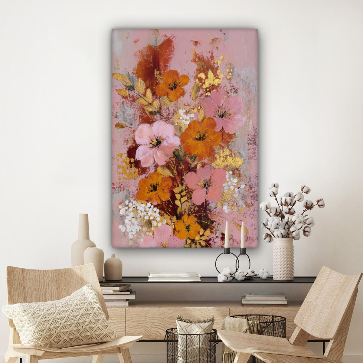 LEINWANDBILD Malerei - Blumen - Rustikal - Rosa Deko Groß 90x140 cm - Altrosa, Textil (90/140cm) - MuchoWow