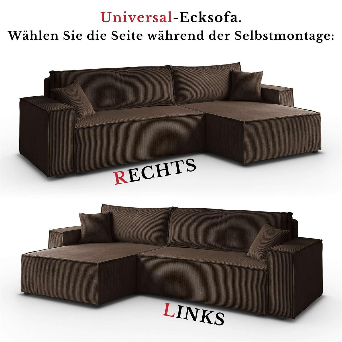 ECKSOFA Gepolstertes CARLO XL Cord mit Schlaffunktion und Bettkasten, Poso 06 - Braun, Textil (277/143cm) - Lookway