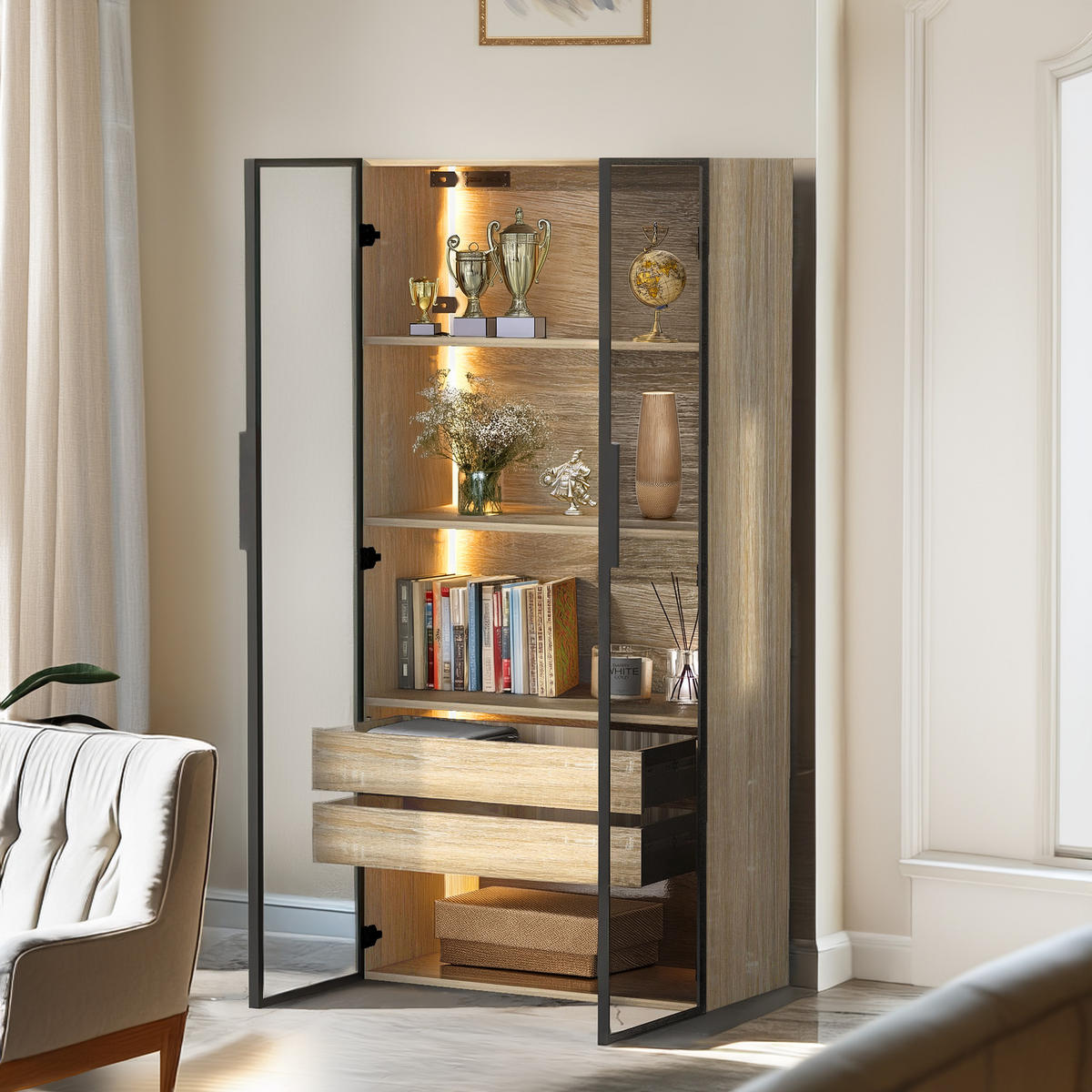 VITRINE Moderner Wand-/Standvitrine Glasschrank LED Milchglas Türen Stauraum flexibel montierbar - Transparent/Naturfarben, Glas/Holzwerkstoff (74/155/36cm) - EVRYAE