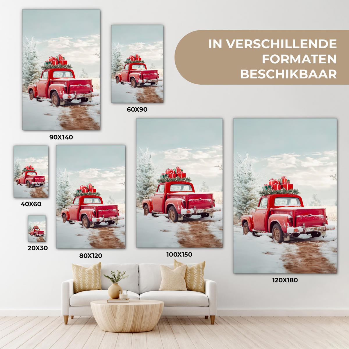 LEINWANDBILD Auto - Rot - Geschenke - Winter - Schnee - Weihnachten Deko XXL 80x120 cm - Rot, Textil (80/120cm) - MuchoWow