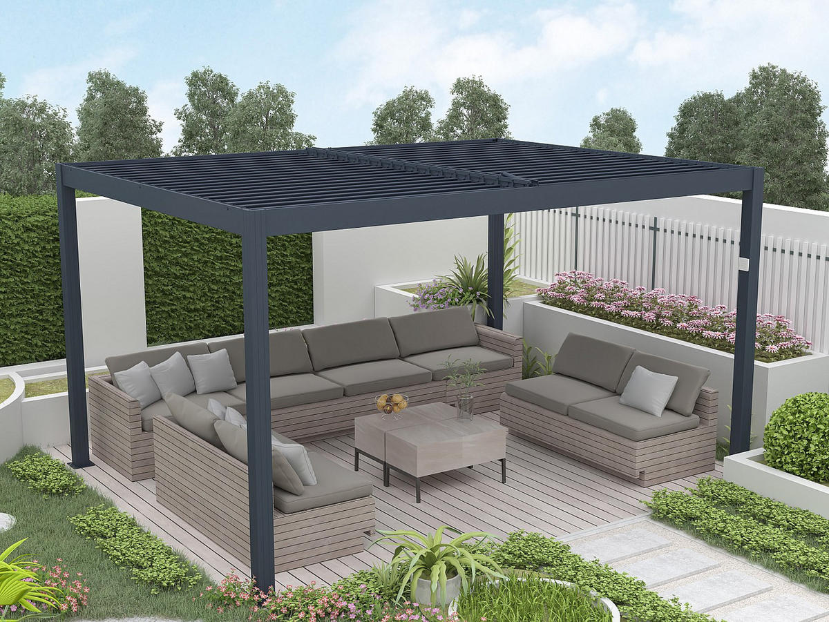 TERRASSENDACH bioklimatisch freistehend elektrisch aus Aluminium mit verstellbaren Lamellen - 12 m² - Anthrazit - AMADORA - Anthrazit, Metall (395/220/305cm) - Vente-Unique