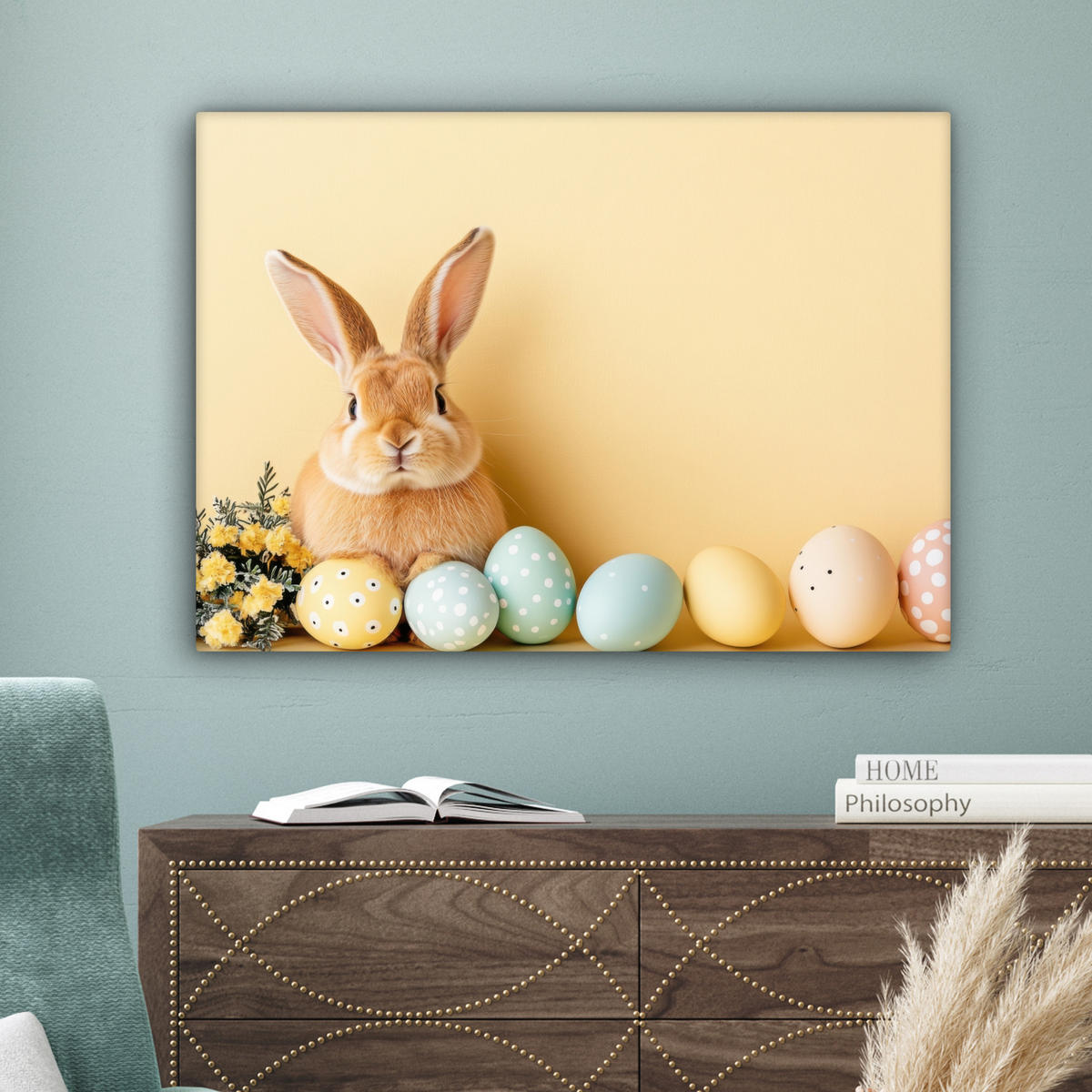 LEINWANDBILD Eier - Kaninchen - Pastellfarbtöne Wandbilder 80x60 cm - Hellgelb, Textil (80/60cm) - MuchoWow