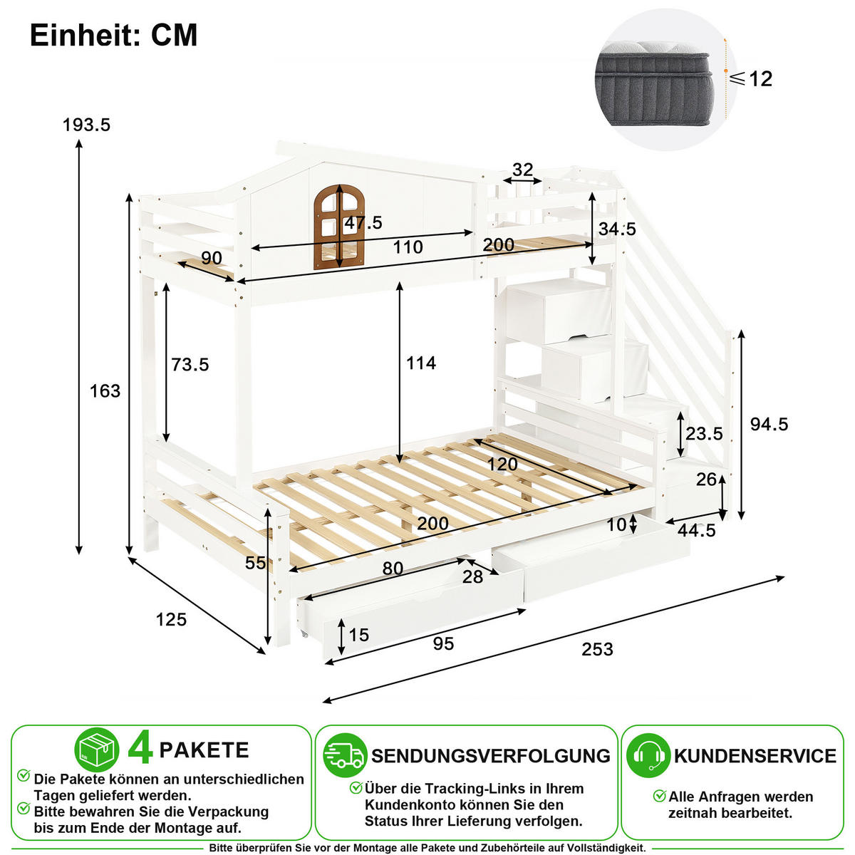 ETAGENBETT 90/200 cm & 120/200 cm in Weiß & Natur mit 2 Schubladen und Eck-Leiterschrank - Weiß/Naturfarben, Holz/Holzwerkstoff (90/200cm) - CHICFURN
