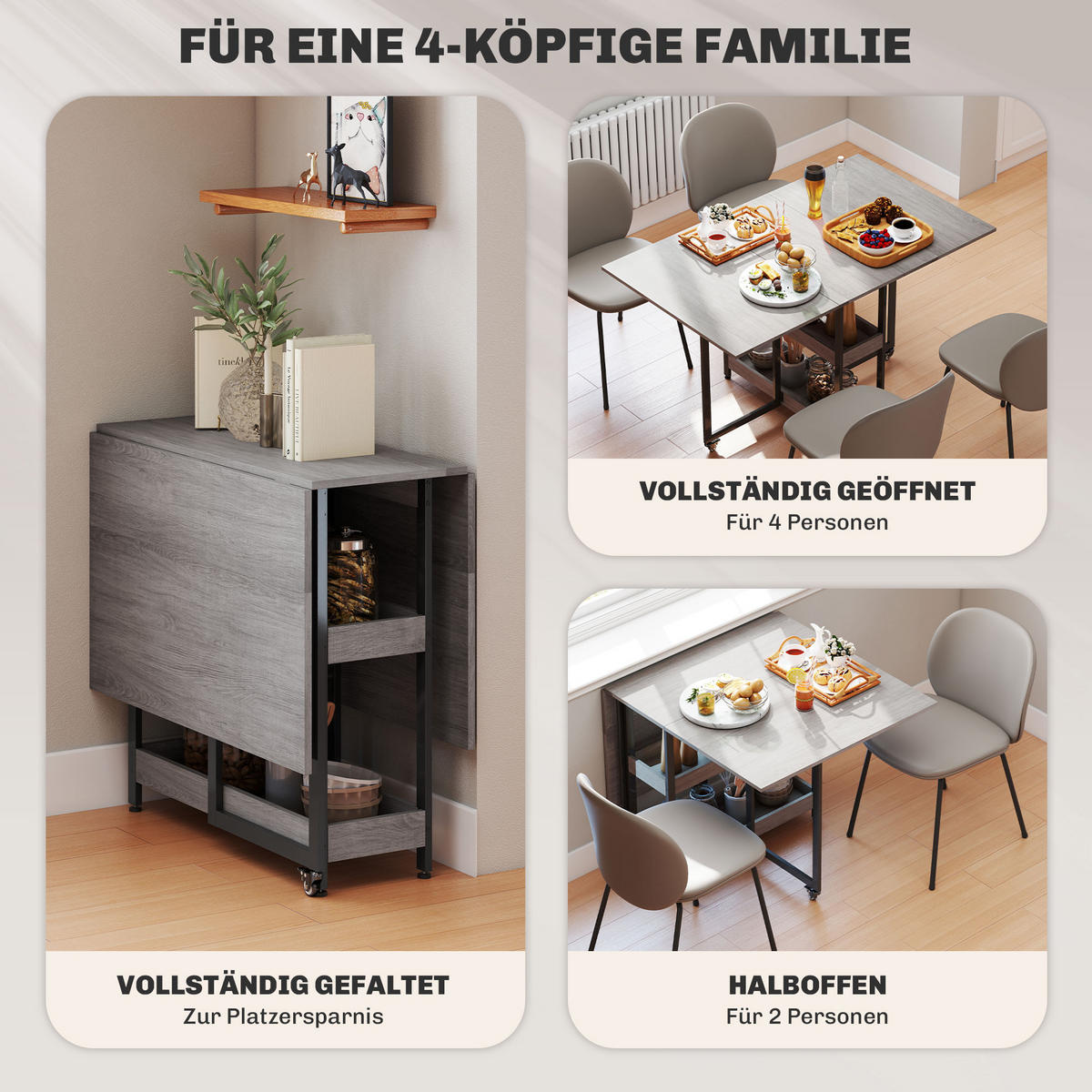 ESSTISCH Klappbar Küchentisch für 2-4 Personen mit 2 Offenen Ablagen, Rollen - Grau, Holz (133.4/80/75cm) - HOMCOM