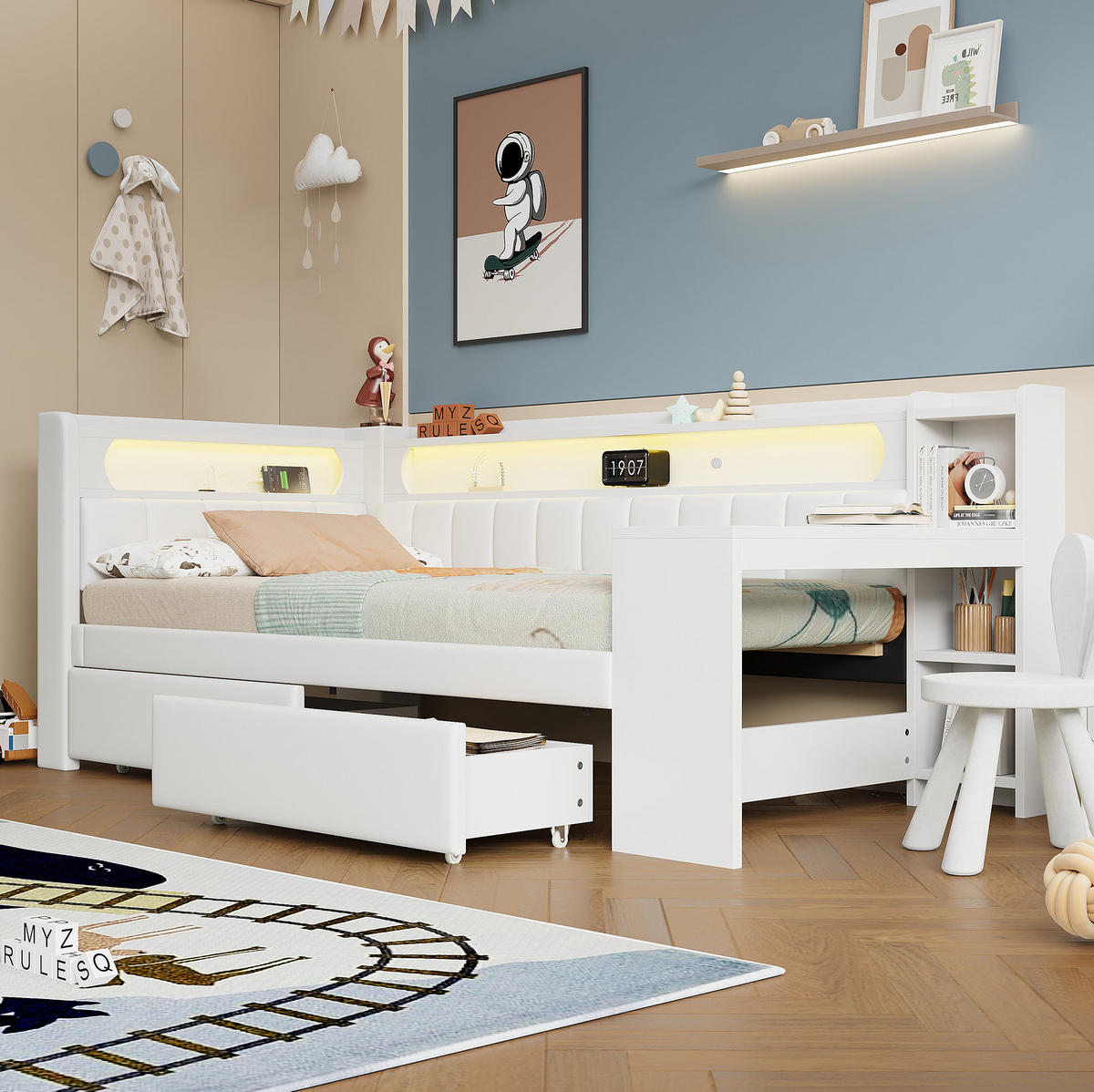 POLSTERBETT 90/200 cm aus MDF und Sperrholz mit Leinenbezug sowie LED USB Schreibtisch und 2 Schubladen Weiß - Weiß, Holzwerkstoff (90/200cm) - Modenvie