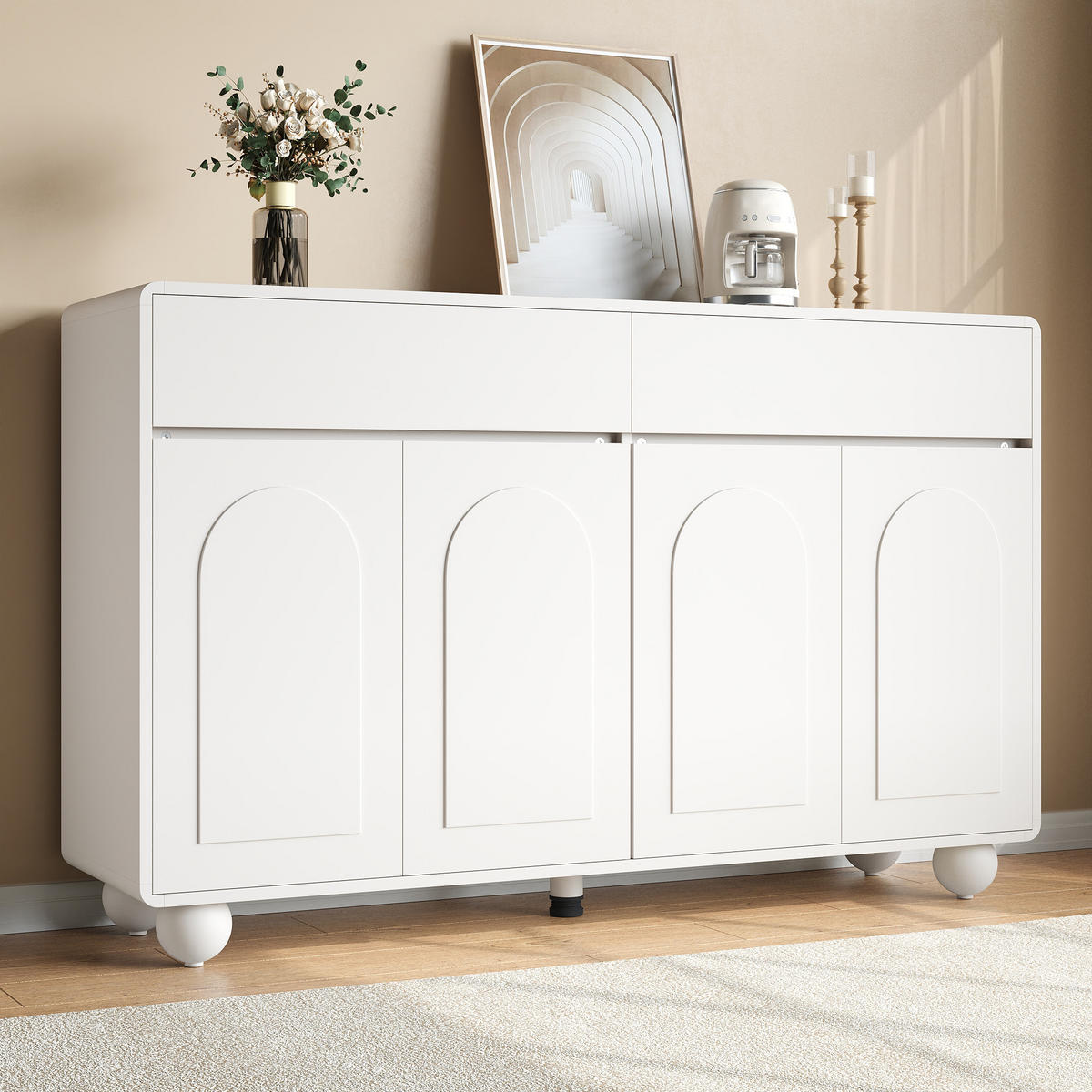 SIDEBOARD Kommode mit Bogenförmigen Türen, 2 Schubladen, 4 Türen & Metallkugelfüßen Weiß 1 Set PB/MDF/Metall - Weiß, Holzwerkstoff (140/89/38cm) - EVRYAE