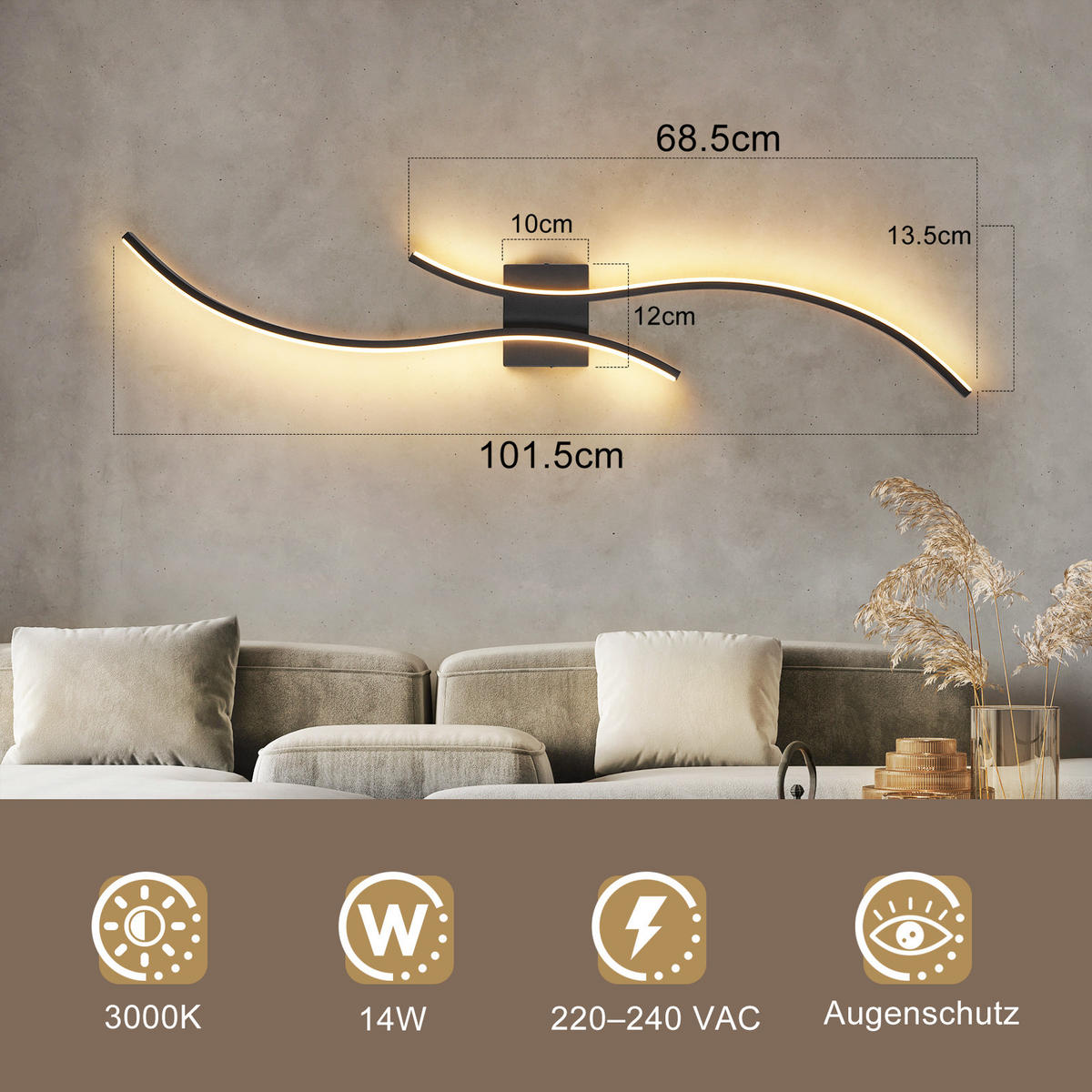 LED-WANDLEUCHTE Flammor 101.5/13.5/4.9 cm - Schwarz, Metall (13.5/4.9/101.5cm) - ZMH