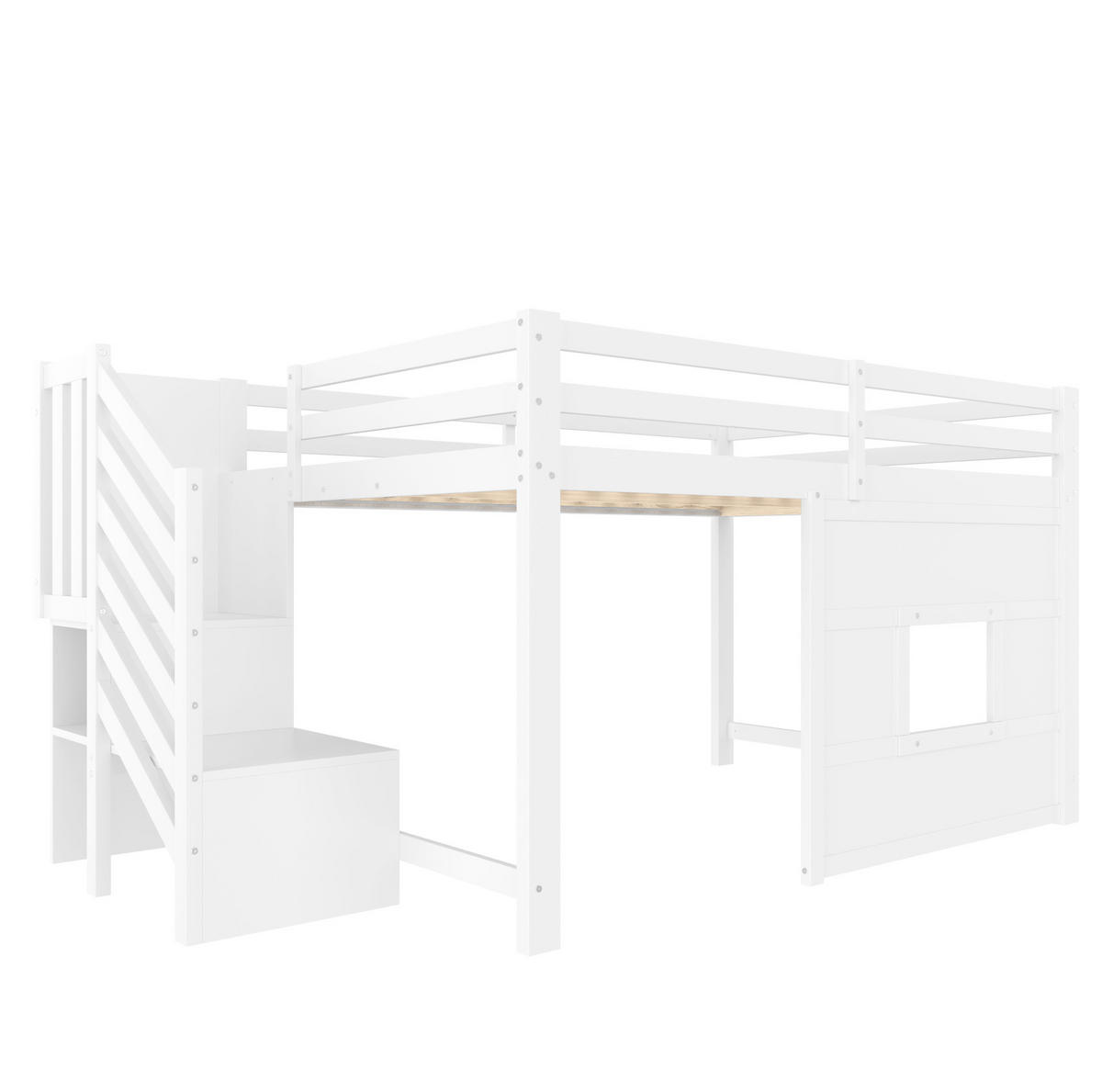 HOCHBETT aus Kiefer, MDF und Sperrholz 140x200 cm Weiß mit Stauraumtreppe, Fenster und LED-Beleuchtung - Weiß, Holzwerkstoff (90/200cm) - Modfu