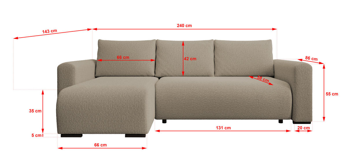 ECKSOFA DORA L, Eckcouch in L-Form mit Schlaffunktion und Bettkasten, Farbe: Hellbraun, Bouclé-Stoff, Ottomane Links - Hellbraun, Textil (240/143cm) - Storez24