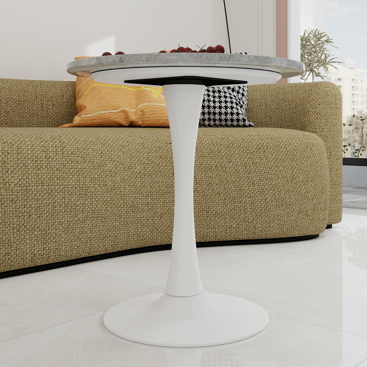 COUCHTISCH 70/70/72 cm Grau Weiß mit runder Kunstmarmorplatte im minimalistischen Design - Grau, Stein (70/70/72cm) - OKWISH