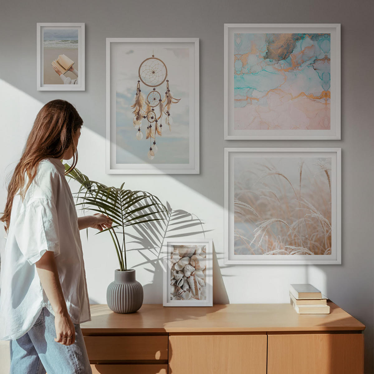 WANDBILDER 5er-Set - 50x50 cm & 20x30 cm & 40x60 cm Weißer Rahmen - Stadtansichten, Brücken, Eiffelturm, Auto - Weiß, Kunststoff (40/60cm) - ArtPrintCave