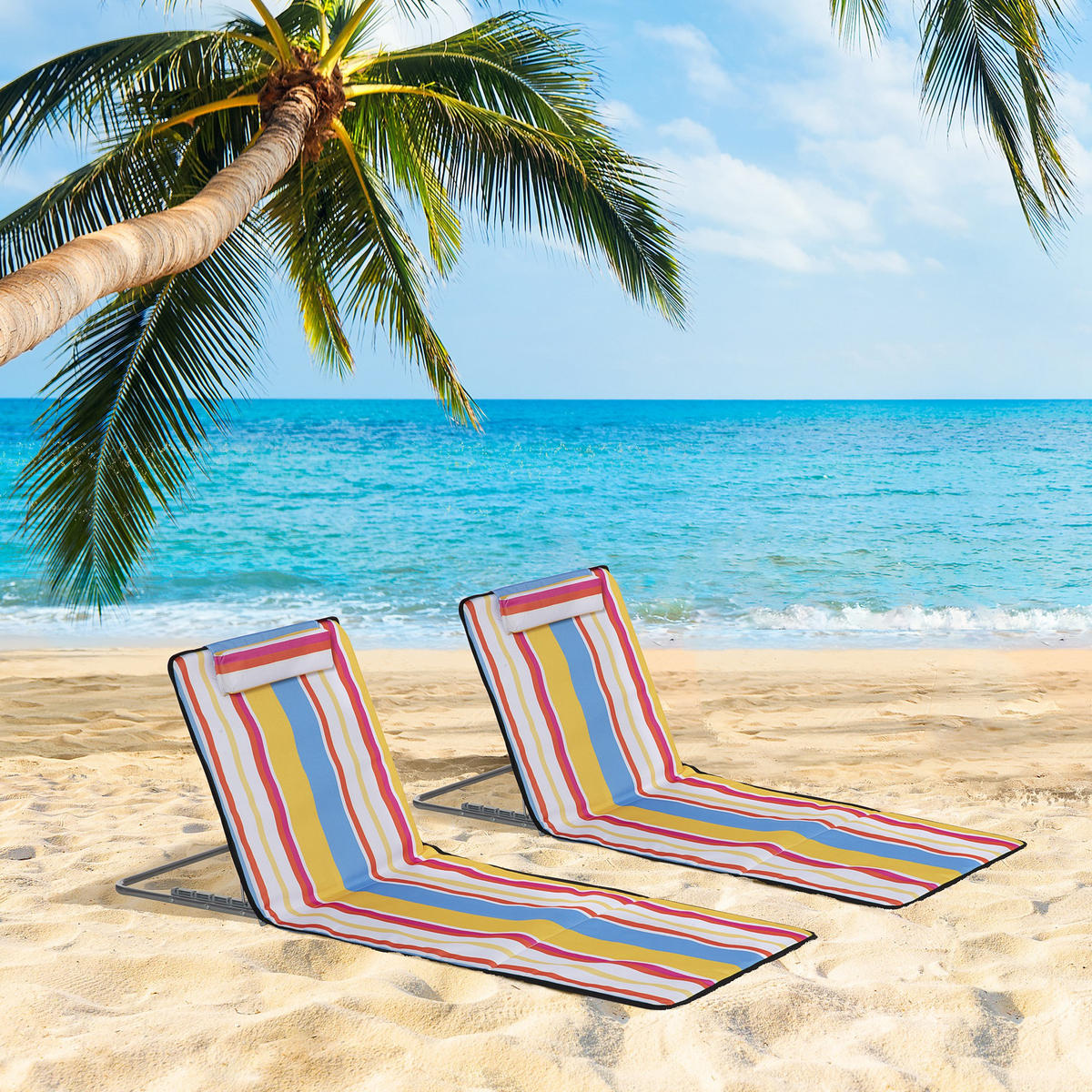 STRANDMATTE, 2er Set Faltbare Strandliege mit Kopfkissen, Tragetasche Mehrfarbig - Multicolor, Metall (53/45/124cm) - Outsunny