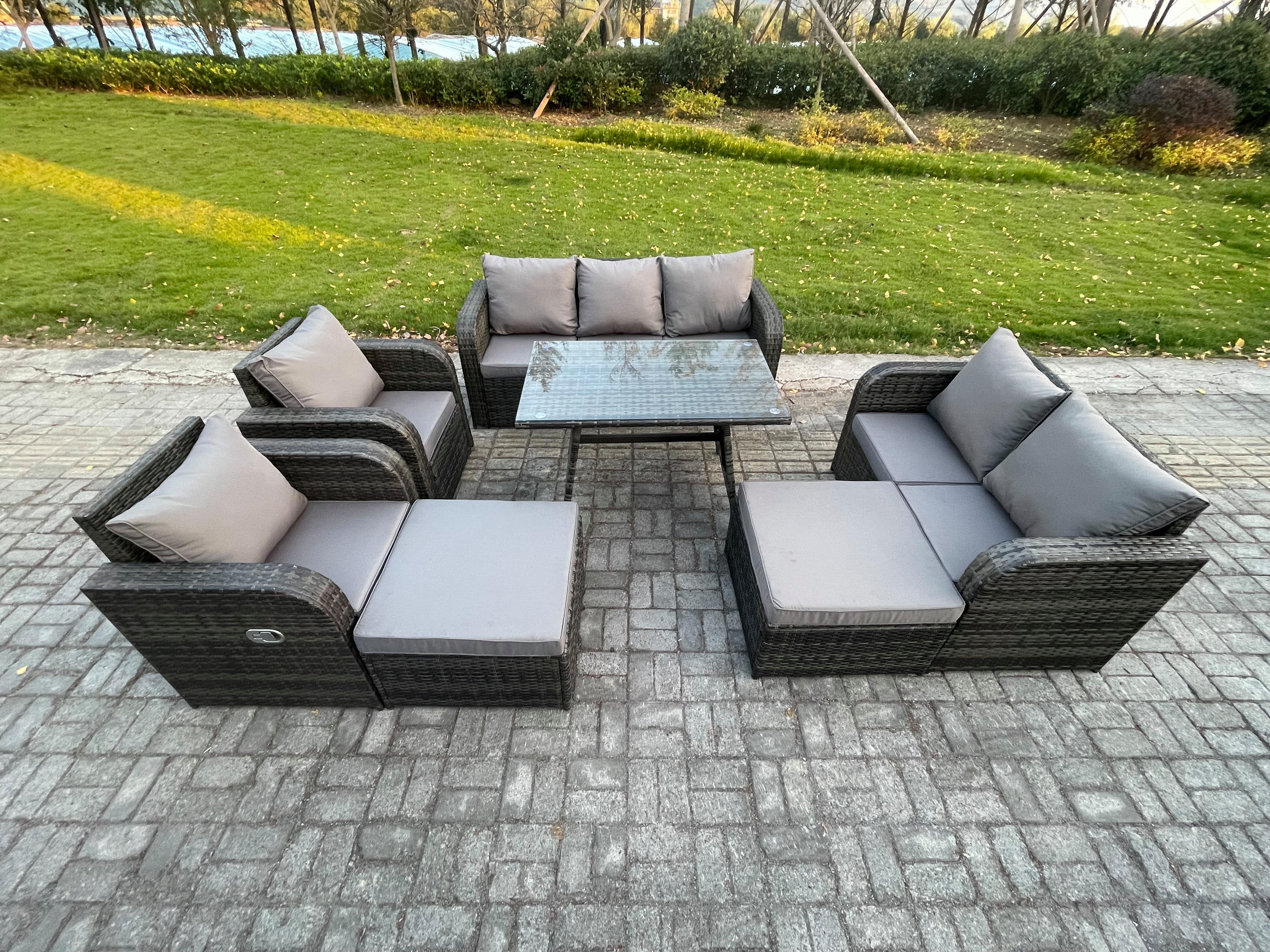 GARTENMÖBELSET mit ESSTISCH,SOFA Polyrattan 9-Sitzer - Dunkelgrau/Grau, Glas/Kunststoff - Fimous