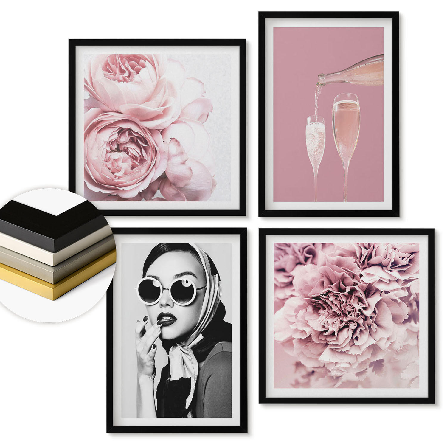WANDBILDER 4er-Set - 50x50 cm & 40x60 cm Schwarzer Rahmen - Blumen, Pfingstrosen, Rosen, Eleganz - Schwarz, Kunststoff (50/50cm) - ArtPrintCave