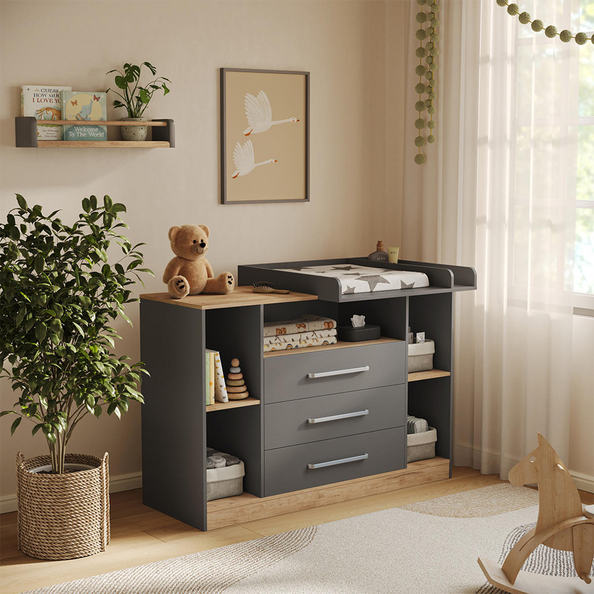 WICKELKOMMODE Olina, Anthrazit/Goldkraft Eiche, 138.3 x 93 cm - Eichefarben/Anthrazit, Holzwerkstoff (138.3/93/50cm) - Vicco