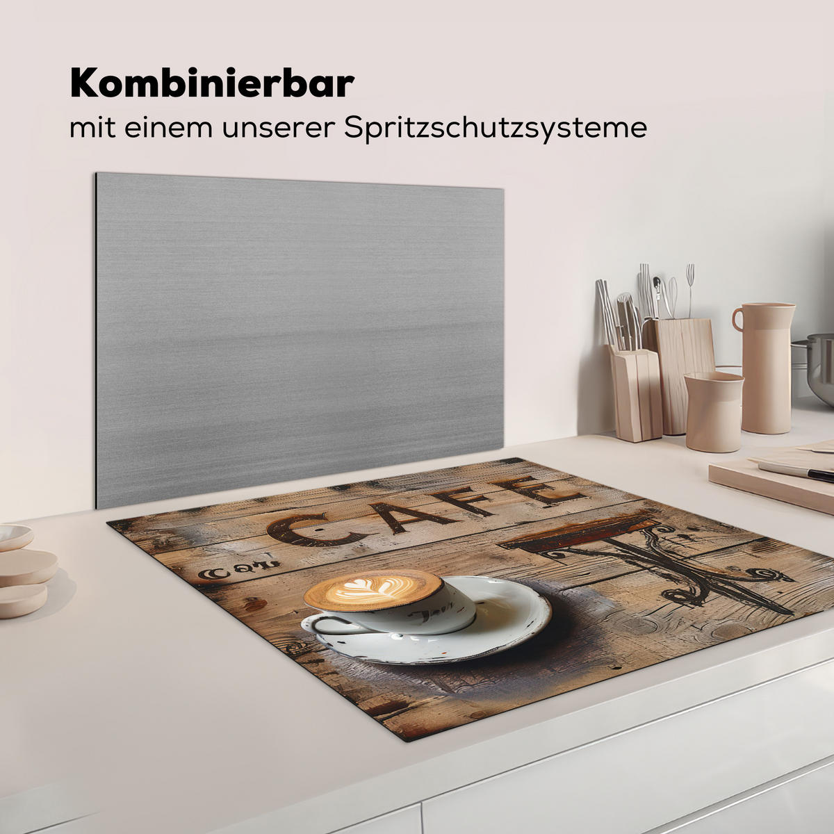 HERDABDECKPLATTE Cafe - Holz - Kaffee - Regale Induktionsmatte 78x78 cm - Schwarz, Kunststoff (78/78/0.2cm) - MuchoWow