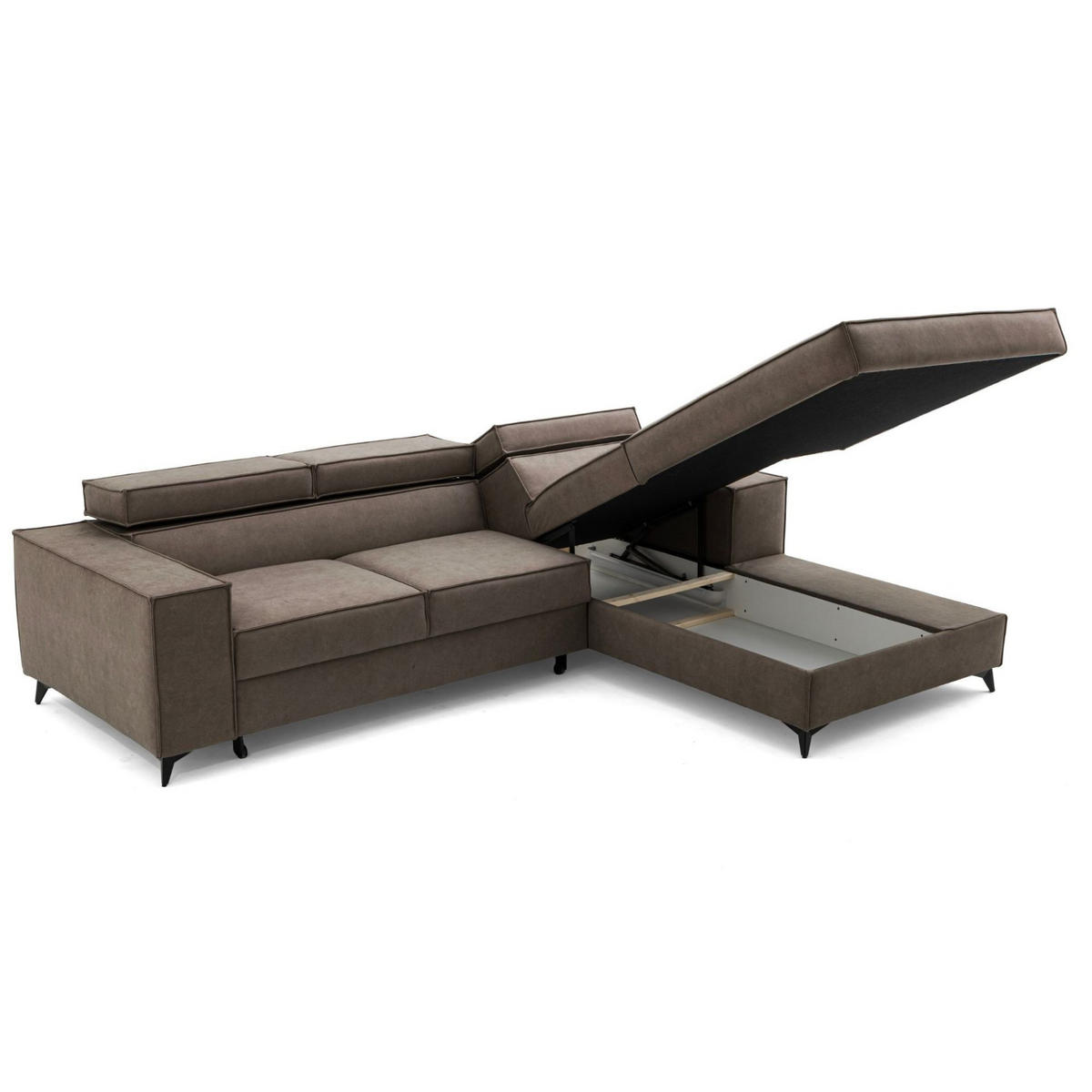 ECKSOFA PURE S Rechts mit Schlaffunktion 127x215 Velours Beige - Beige/Schwarz, Holz/Textil (204/281cm) - Muffo