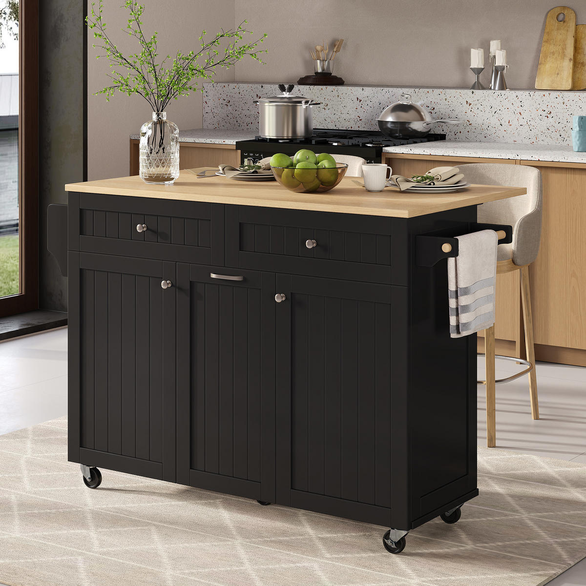 KÜCHENINSEL 140/40-70/92 cm aus MDF mit ausziehbarer Arbeitsplatte Schwarz/Natur - Schwarz, Holzwerkstoff (140/92/70cm) - Modenvie