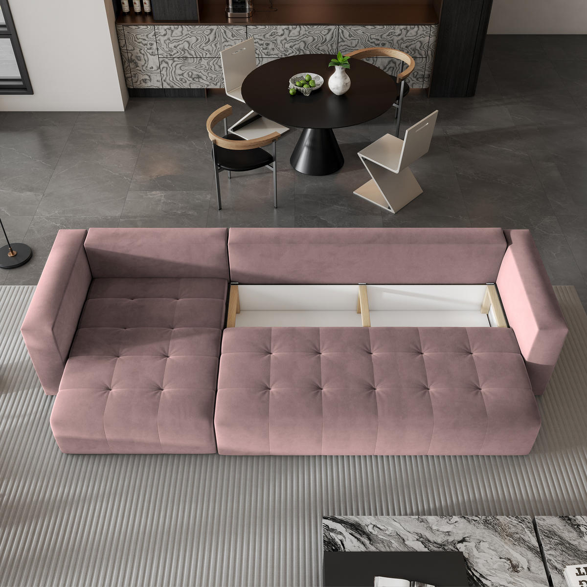 ECKSOFA OLVERA Rosa Plüsch-Stoff mit Schlaffunktion - Rosa, Holz (347/148cm) - MASSENO