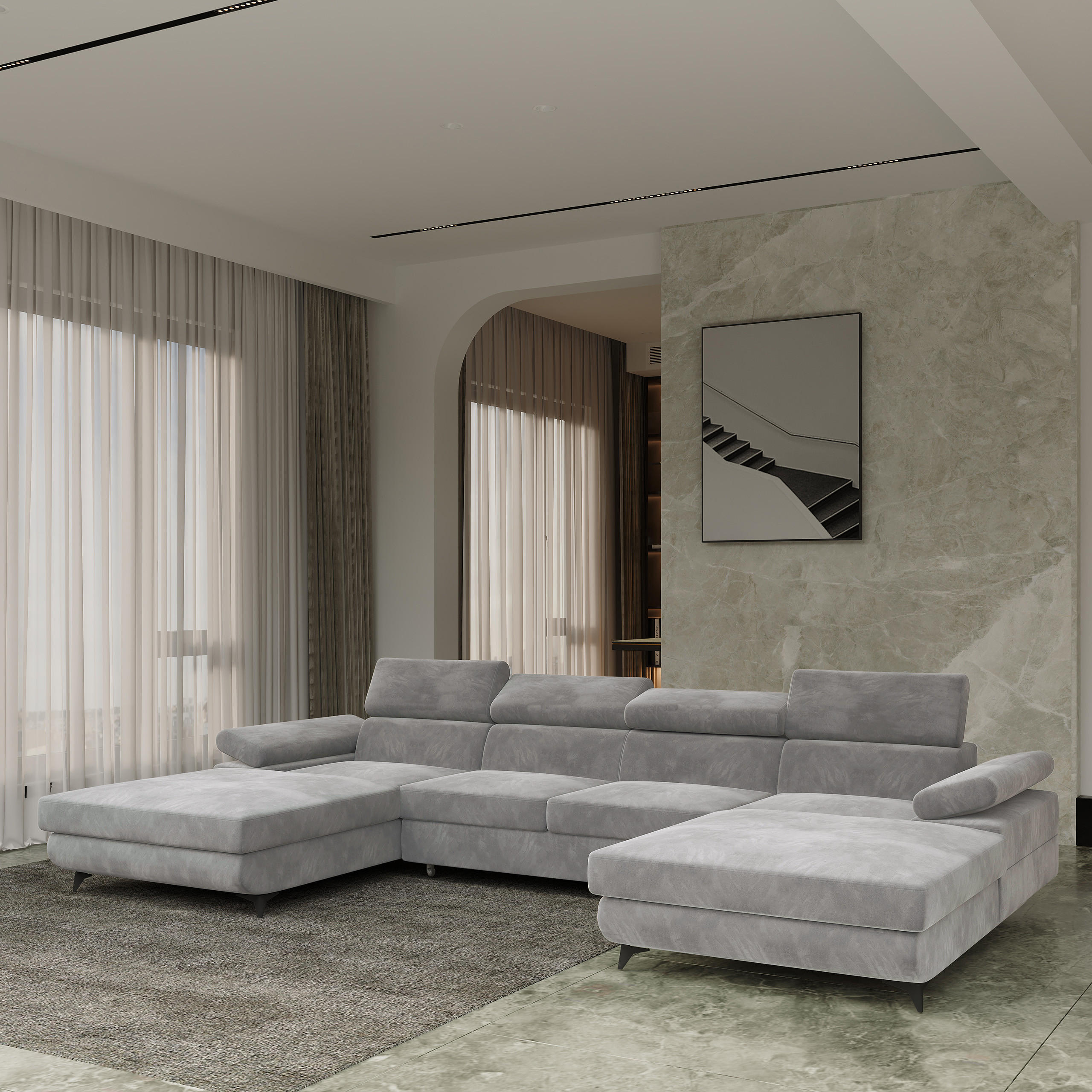 WOHNLANDSCHAFT DETTI Hellgrau Velours-Stoff mit Schlaffunktion - Hellgrau, Holz (339/89/190cm) - MASSENO