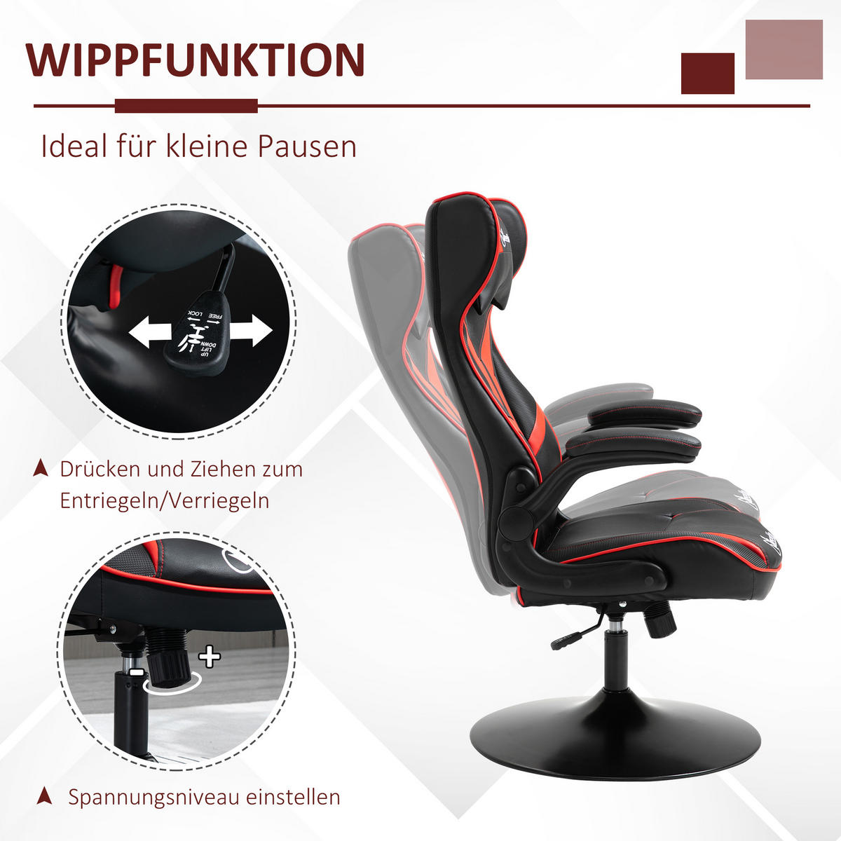 GAMING Stuhl, Drehstuhl, Schwarz+Rot - Rot/Schwarz, Kunststoff (70/112/67cm) - Vinsetto