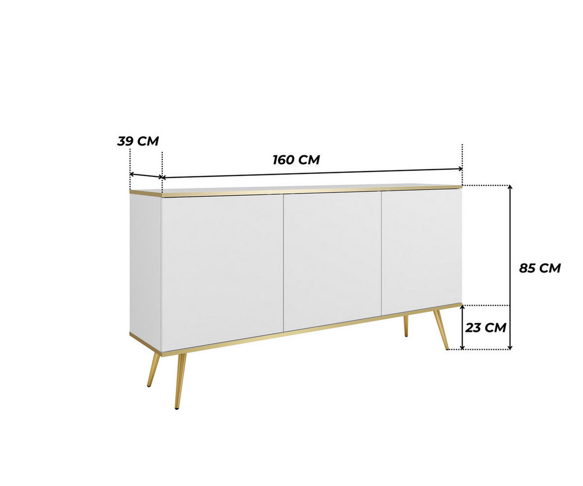 KOMMODE FORNO (Weiß, Goldene Details, 3 Türen, goldene Metallfüße) - Gelb/Goldfarben, Holz/Holzwerkstoff (160/85/39cm) - Ravio