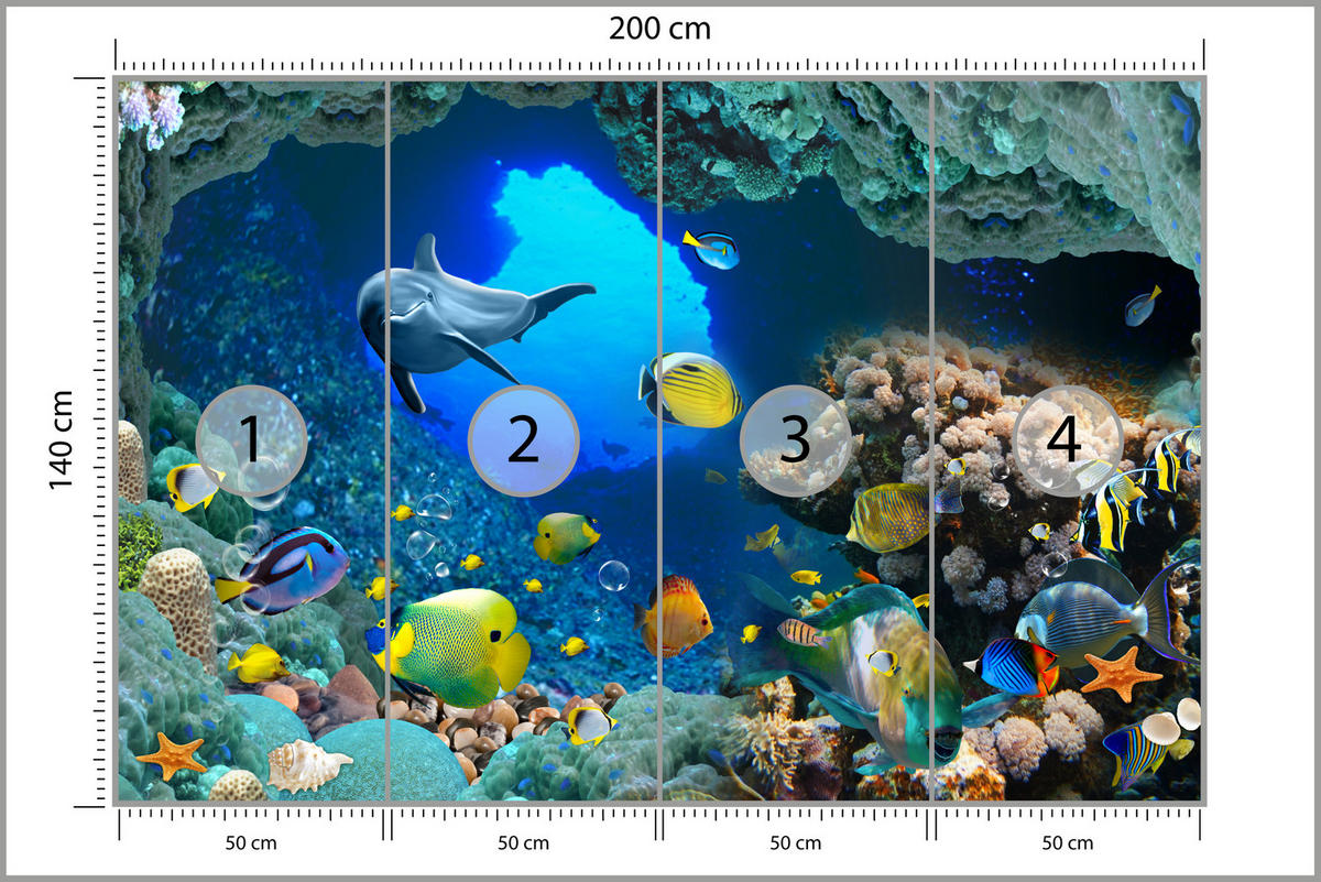 FOTOTAPETE für Badezimmer Unterwasser Korallenriffe Fische 200x140 - Türkis/Blau, Papier (200/140cm) - Muralo