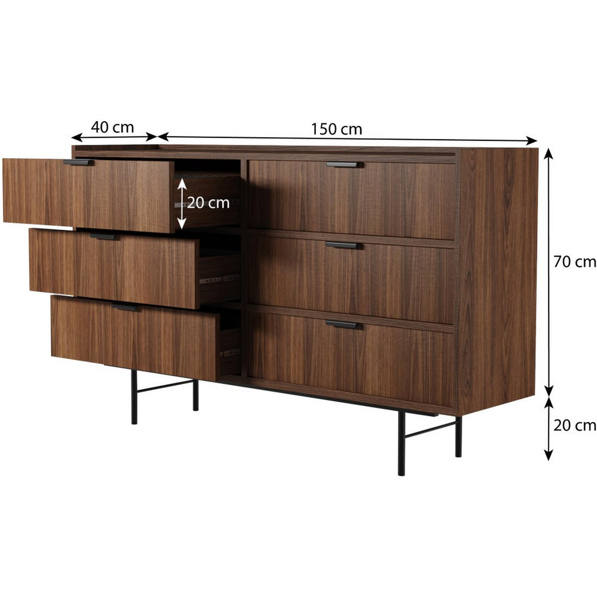 KOMMODE Evron mit 6 Schubladen, Walnuss - Walnussfarben/Schwarz, Holzwerkstoff/Metall (150/90/40cm) - Beautysofa