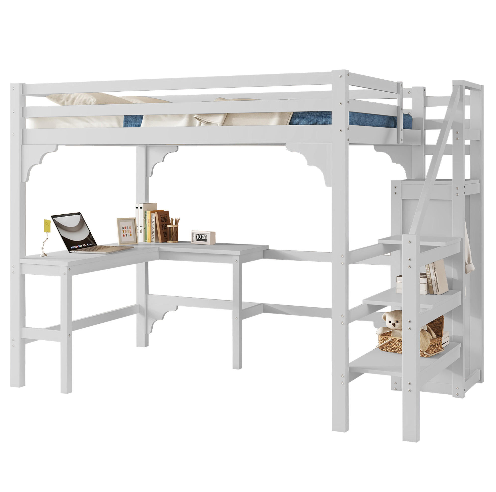 HOCHBETT 140/200 cm Weiß aus Kiefernholz und MDF mit Schreibtisch - Weiß, Holz (140/200cm) - OKMYHOME