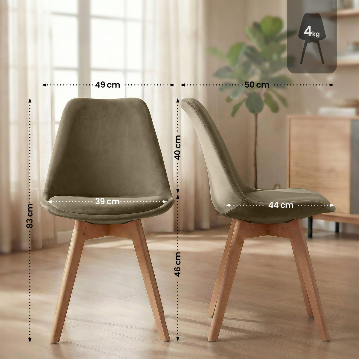 STUHL 4er Set Samt dunkelbraun - Eukalyptusholzfarben/Dunkelbraun, Holz/Textil (49/83/50cm) - CLP