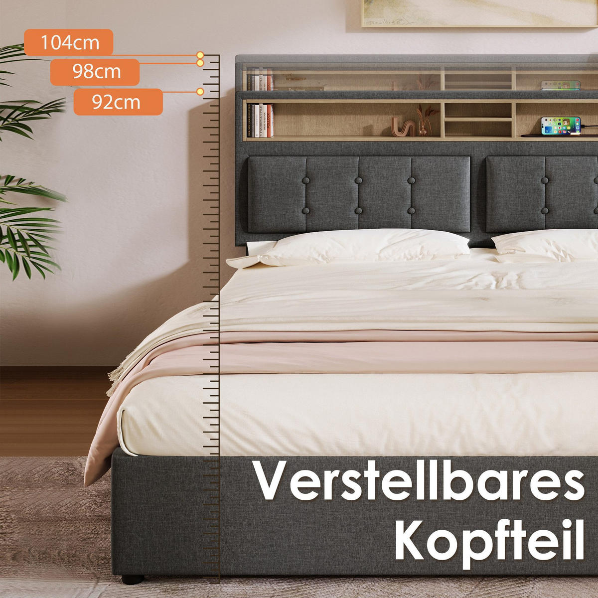 POLSTERBETT 4 Schubladen Höhenverstellbares Kopfteil 160×200cm - Grau, Textil (160/200cm)