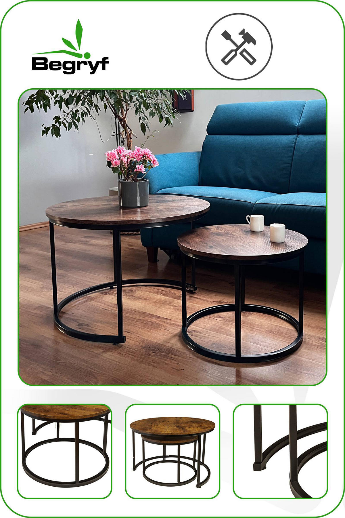 COUCHTISCH Holzoptik Metall Dunkelbraun Schwarz 2er Set 47x53x53 cm - Dunkelbraun/Schwarz, Holzwerkstoff/Metall (53/53/47cm) - Begryf