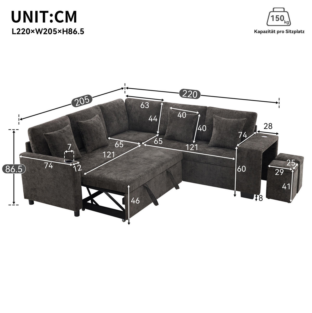 ECKSOFA 220/205/86,5 cm mit Schlaffunktion, Stauraum, USB- und USB-C-Anschluss, Chenille, Grau - Grau, Textil (220/205cm) - Redom