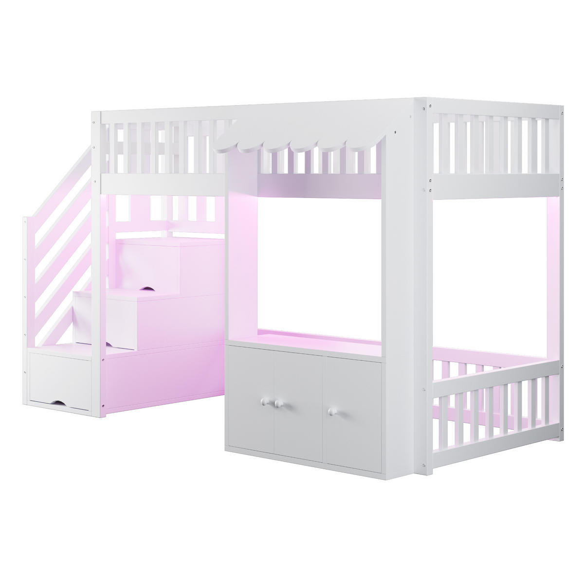 HOCHBETT 90/200 cm in Weiß mit Stauraumtreppe, Schrank und LED - Weiß, Holz/Holzwerkstoff (90/200cm) - STILVORA