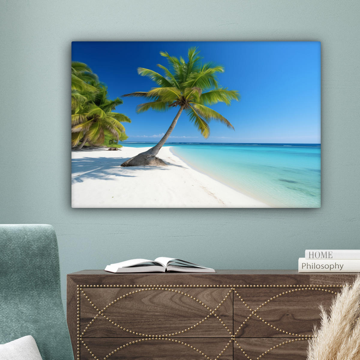 LEINWANDBILD Strand - Palme - Tropisch - Meer Gemälde 60x40 cm - Grün, Textil (60/40cm) - MuchoWow