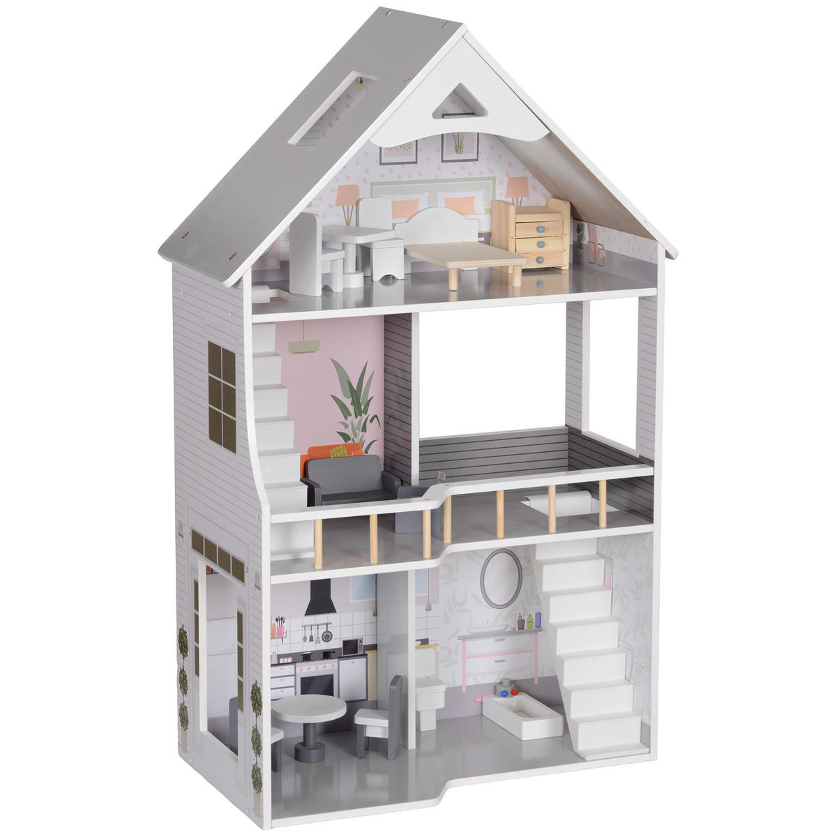 PUPPENHAUS - Grau, Holzwerkstoff (29.1/85.3/53.5cm) - AIYAPLAY