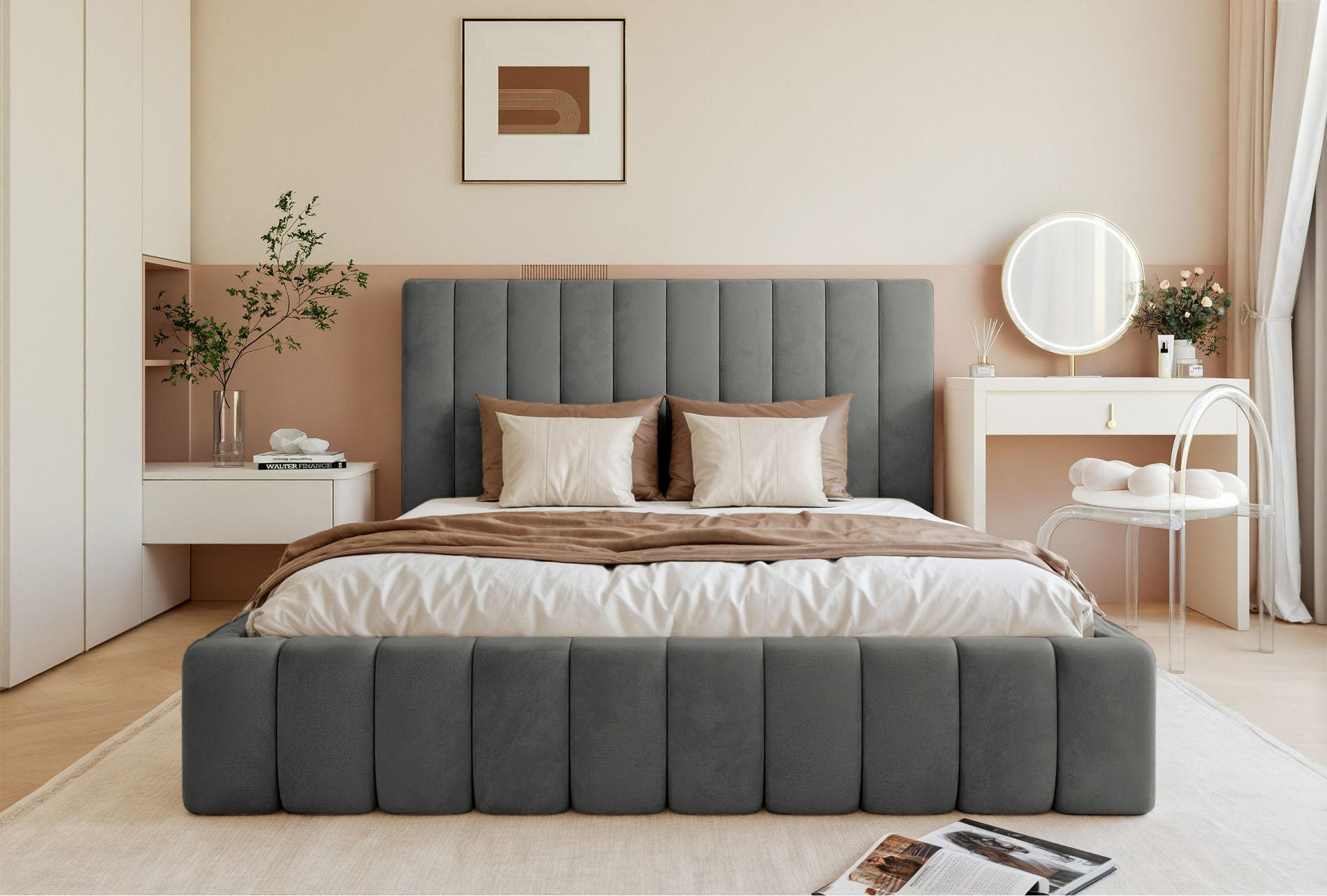 POLSTERBETT Fiarro Grau, Velours, 140x200 cm - Grau, Textil (140/200cm) - Selsey