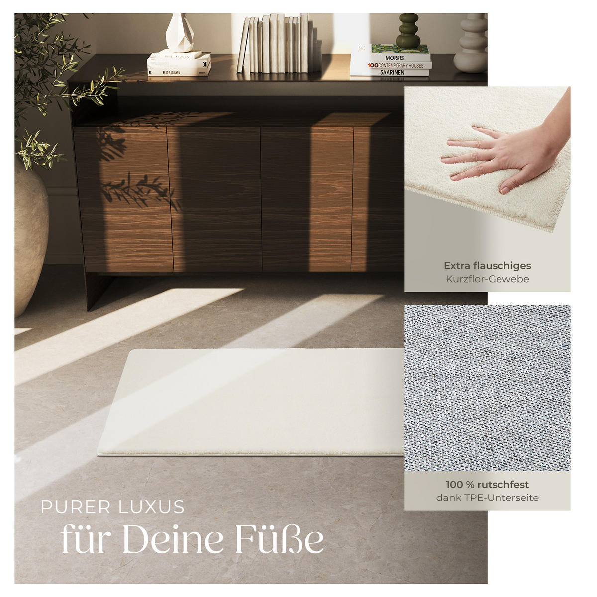 KURZFLORTEPPICH Soft Zone,rutschfeste Unterseite,creme - Creme, Kunststoff (110/60cm) - tectake