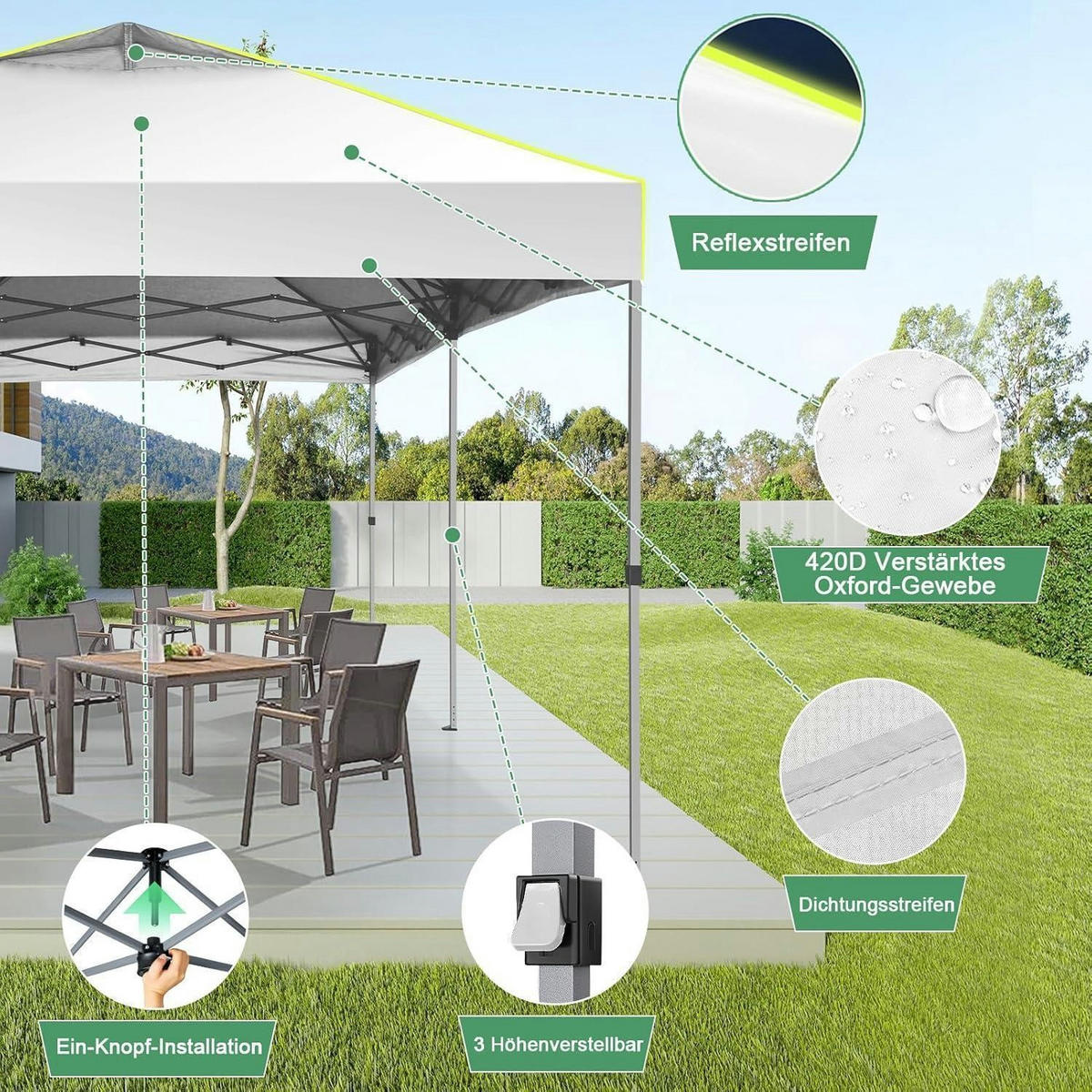 FALTPAVILLON 3 x 6 m Weiß mit 6 Seitenwänden - Weiß, Textil (300/298.2/600cm)
