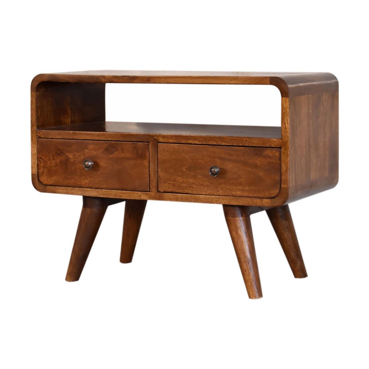 MEDIENANLAGE TV-Schrank aus Massivholz, 2 Schubladen, 1 offenes Regal, nordische Beine, Braun - Messingfarben/Braun, Holz/Metall (60/45/30cm) - Artisan Furniture