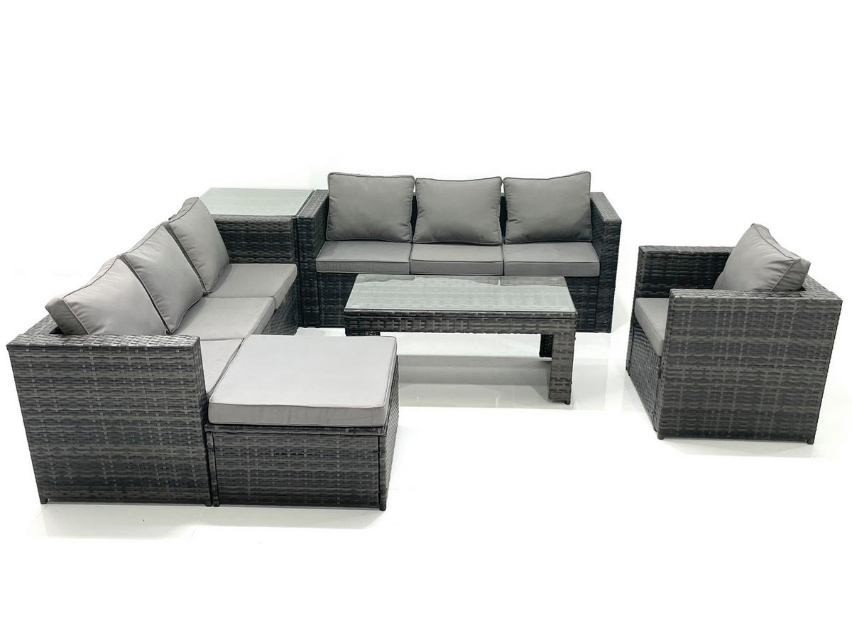 GARTENMÖBEL-SET COUCHTISCH SESSEL SOFA mit HOCKER Polyrattan Dunkelgrau Gemischt 8-Sitzer - Dunkelgrau/Grau, Glas/Kunststoff - Fimous