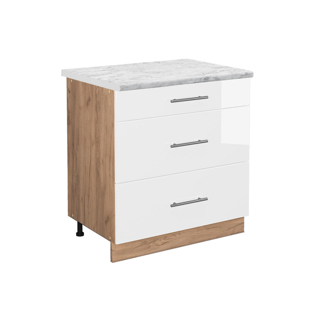 KÜCHENUNTERSCHRANK Fame-Line Weiß Hochglanz 80 cm mit 3 Schubladen AP Marmor - Honigeiche/Weiß Hochglanz, Holzwerkstoff (80/82/60cm) - Vicco
